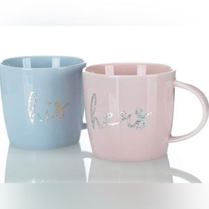 Slant “his” & “hers” mugs with metallic silver lettering-set if 2 14oz mugs-NWT